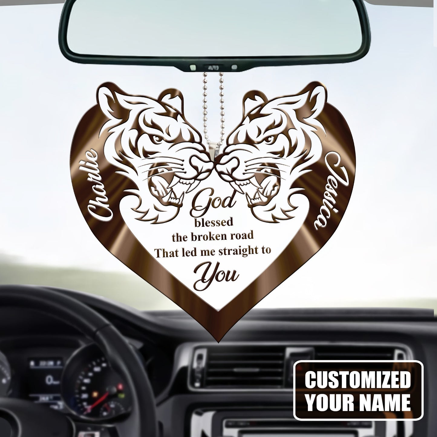 Personalized Name Couple Tiger Heart God Blessed Personalized Car Ornament