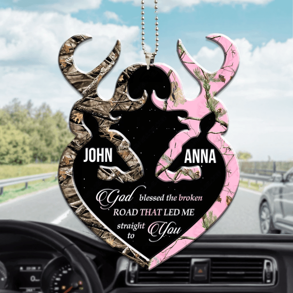 Personalized Buck And Doe Heart God Blessed Car Ornament