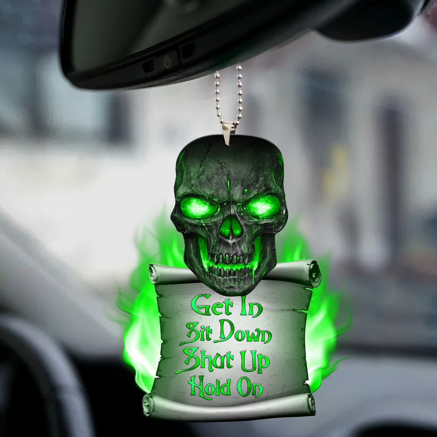 Green Skull Get In Funny Car Ornament