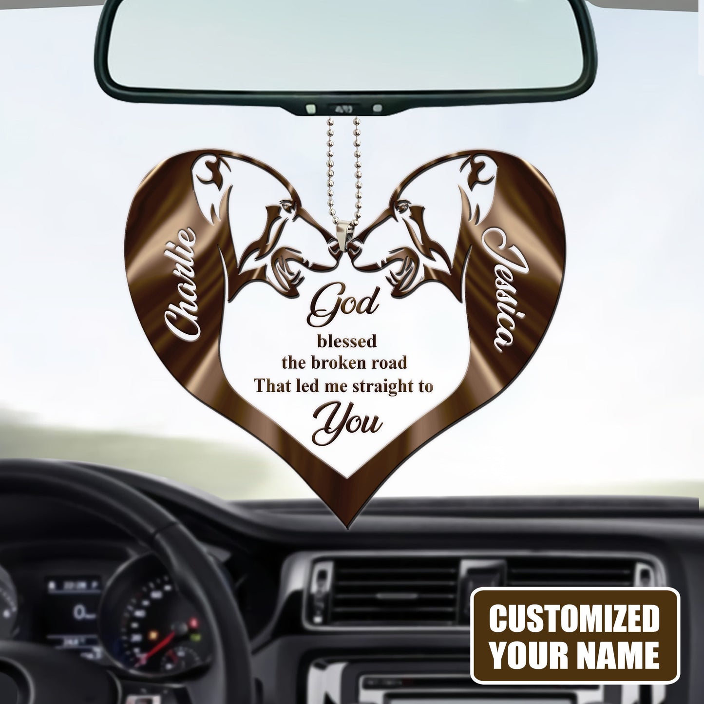 Personalized Name Couple Bear Heart God Blessed Personalized Car Ornament