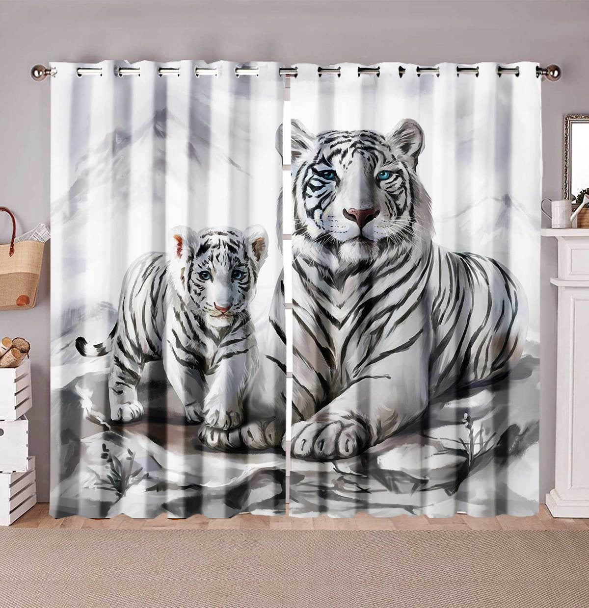 White Tiger Family Art Window Curtains