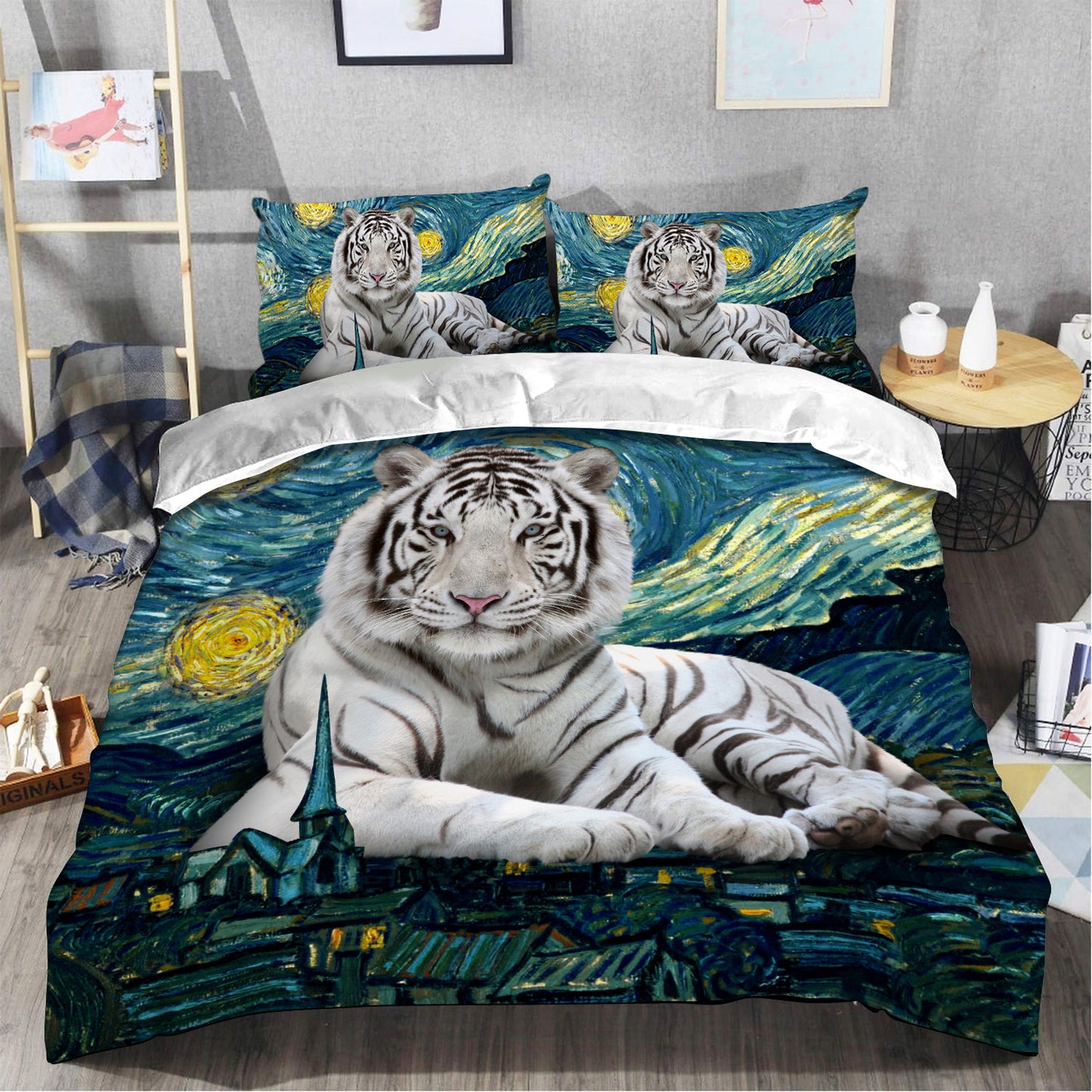 White Tiger Starry Night All Over Printed Bedding Set