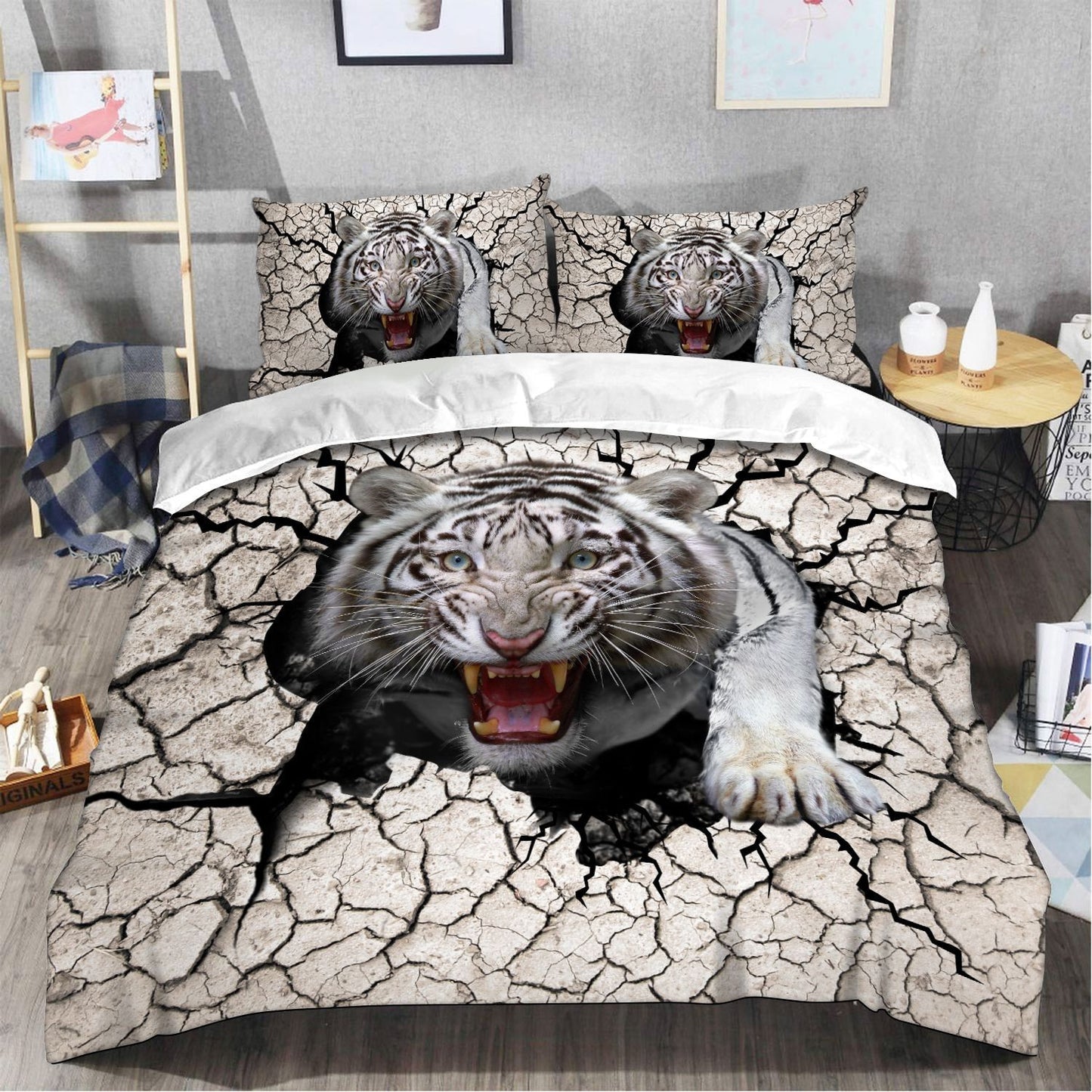 White Tiger Crack All Over Printed Bedding Set