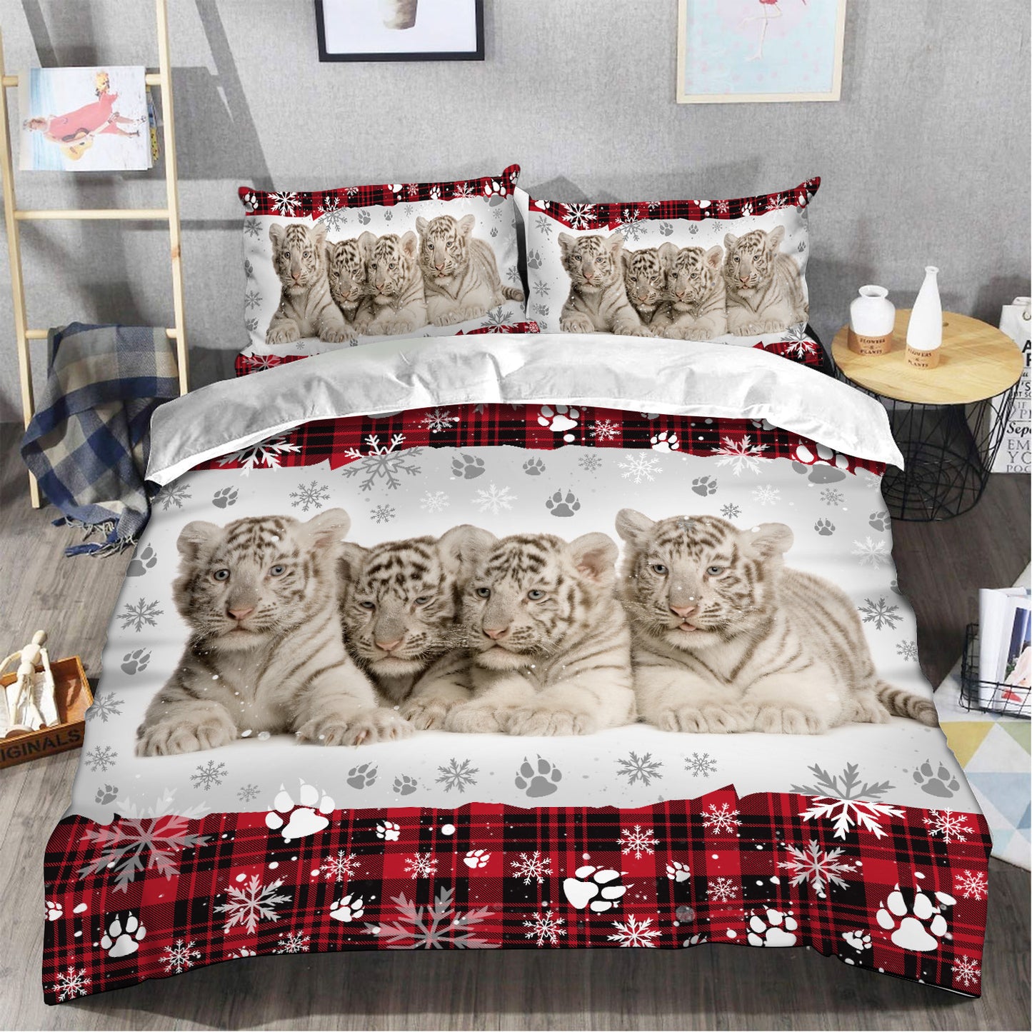 Cute White Tiger Christmas All Over Printed Bedding Set