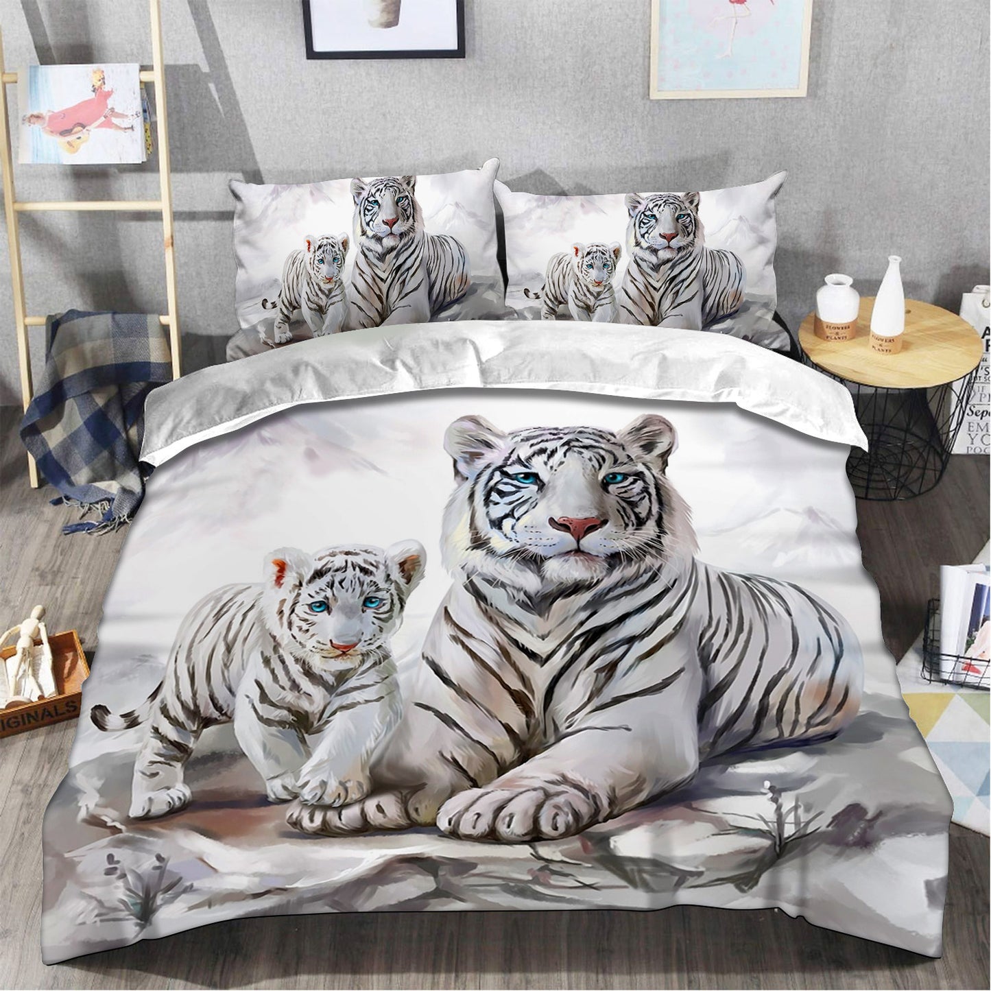 White Tiger Painting Art All Over Printed Bedding Set