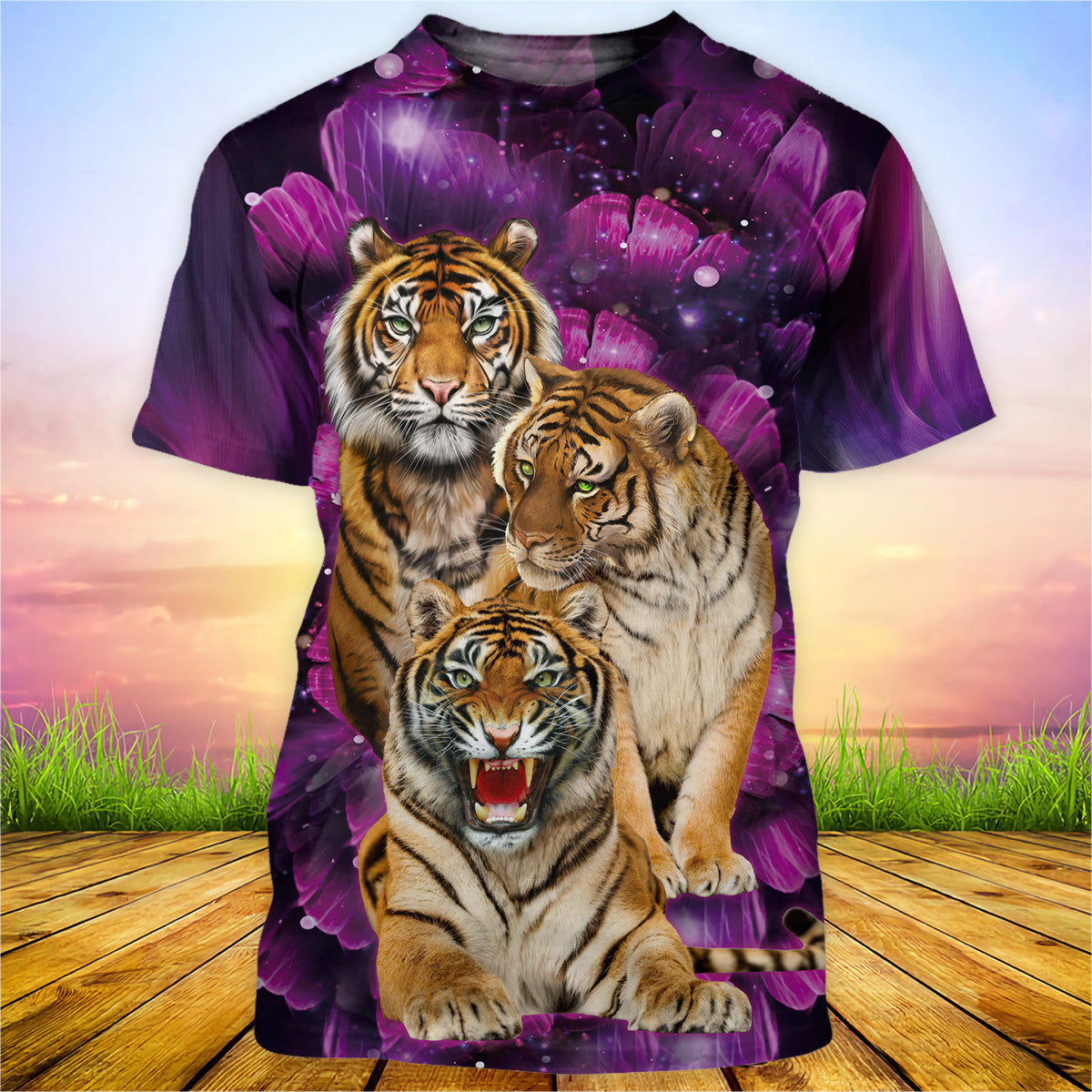 Tiger Purple Flower Pattern All Over Printed Unisex Shirt