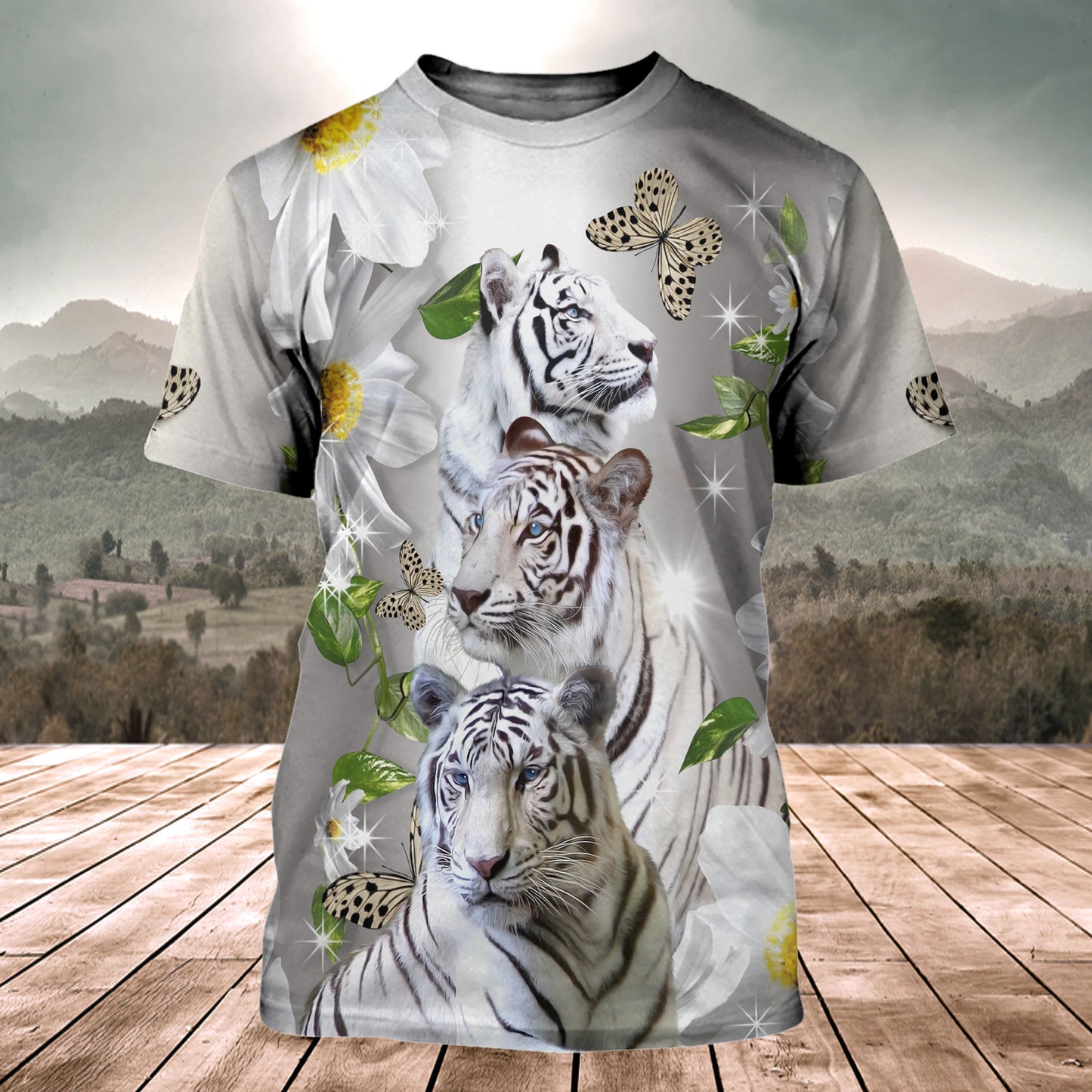 White Tiger Daisy And Butterfly All Over Printed Unisex Shirt