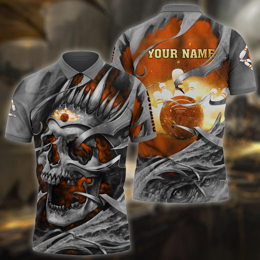Personalized Name Bowling Skull Orange Version All Over Printed Unisex Shirt
