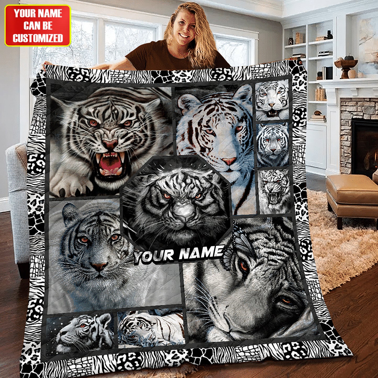Personalized White Tiger Quilt Blanket , Quilt set , Bedroom Decor , Quilting