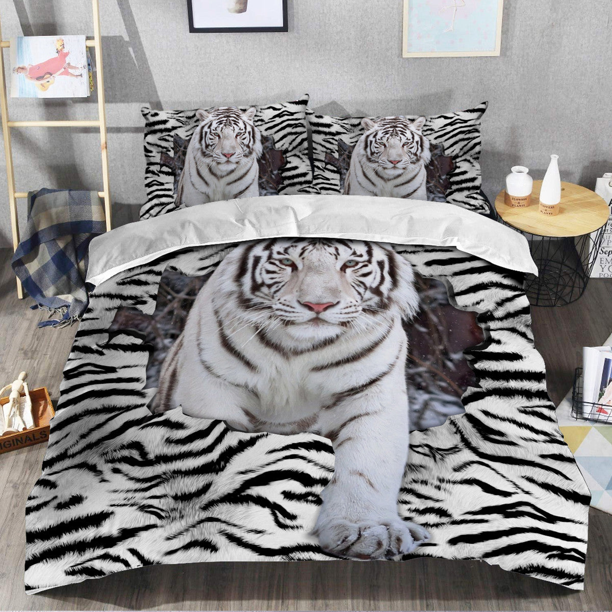 White Tiger Pattern All Over Printed Bedding Set Q090205