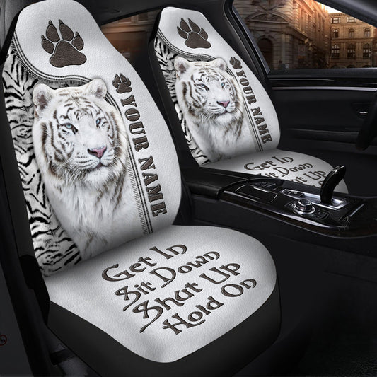 Personalized Name White Tiger Q3 Hold on Funny Car Seat Covers Universal Fit Set 2 Q080304