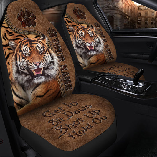 Personalized Name Cool Tiger Hold on Funny Car Seat Covers Universal Fit Set 2 Q250507