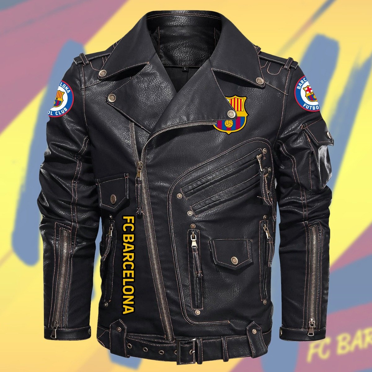 Barça Belt Solid Zipper Street Leather Jacket Q280803