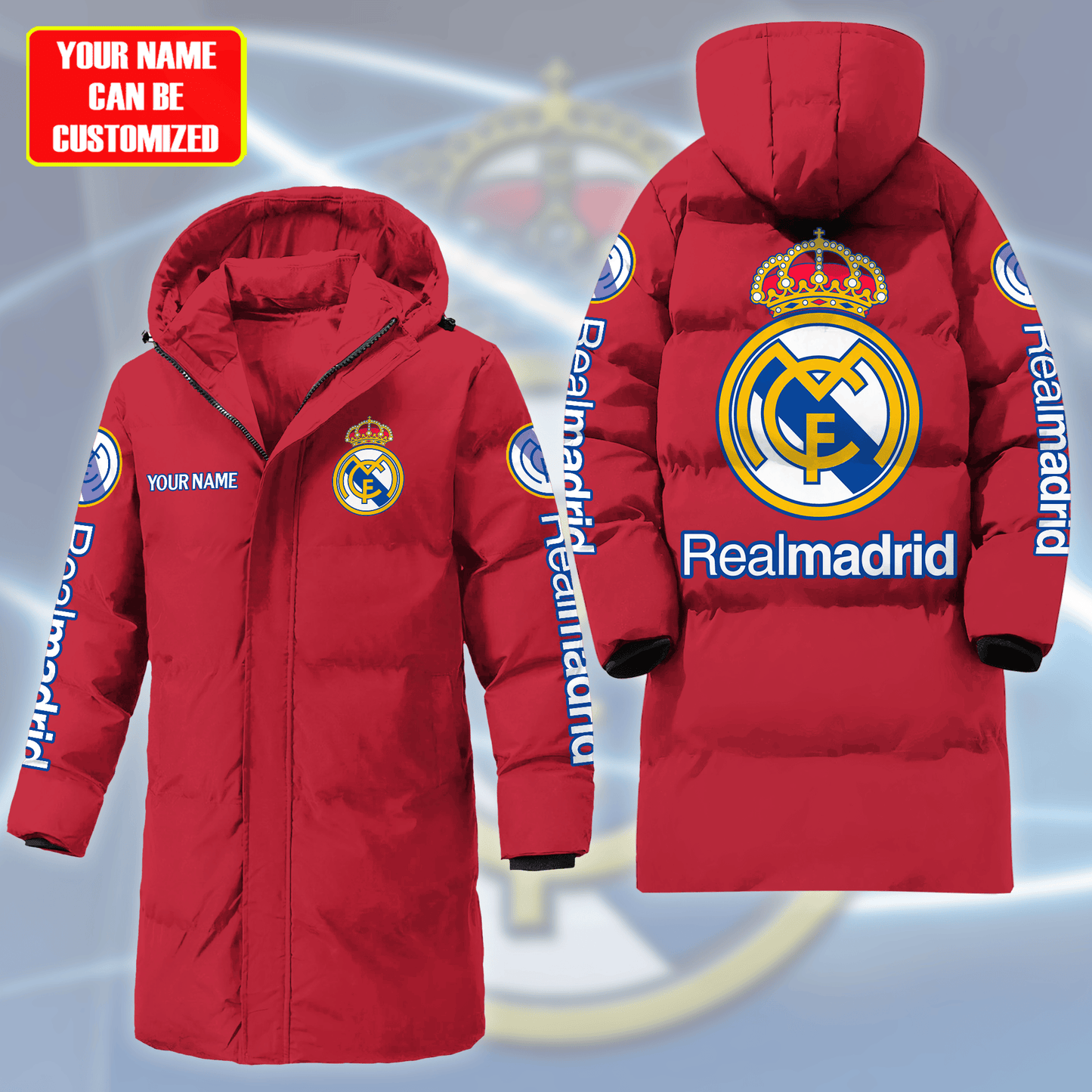 Personalized Real Madrid Long Padded Coat , Thick And Warm , Hooded Cotton Coat Q270906