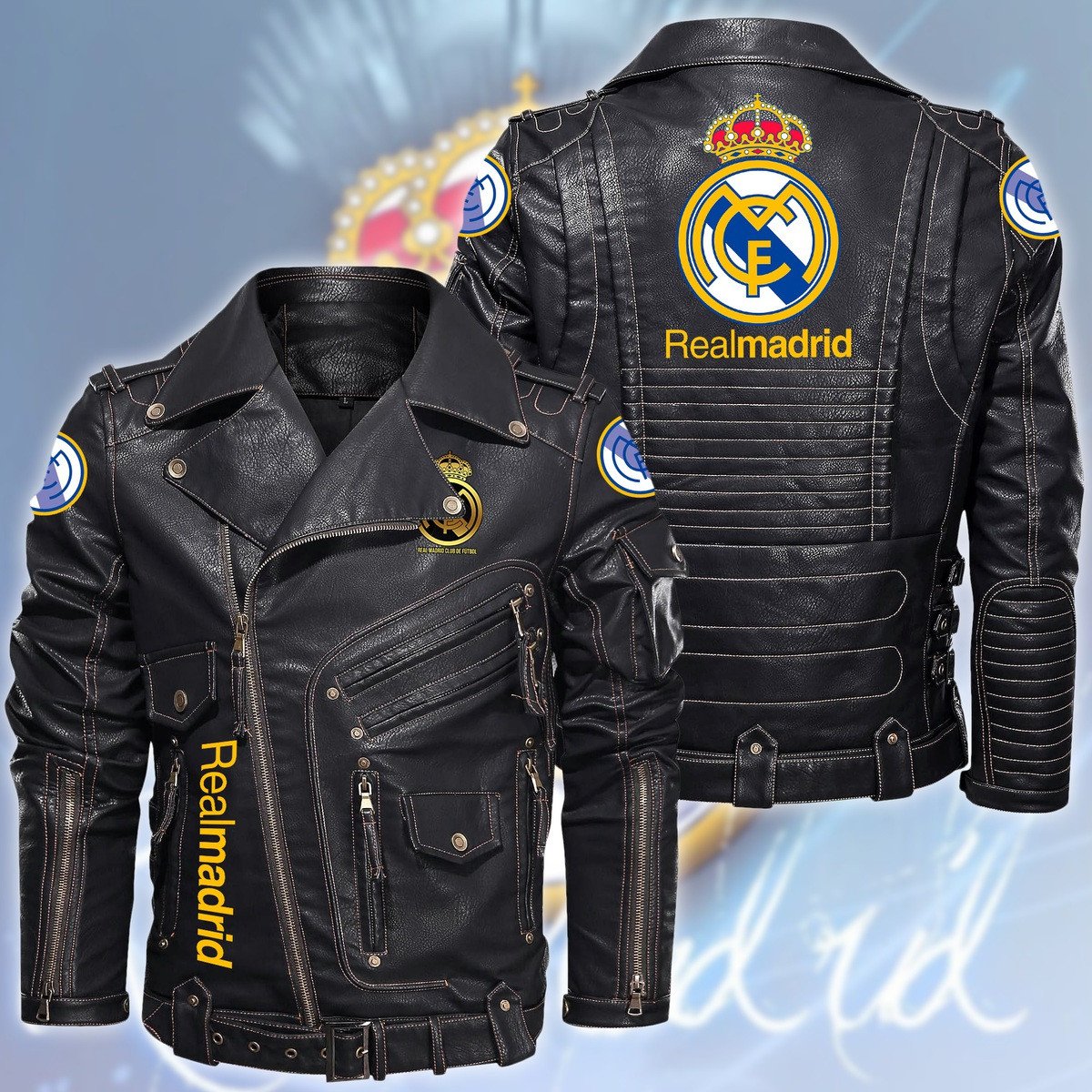Real Madrid Belt Solid Zipper Street Leather Jacket Q040901