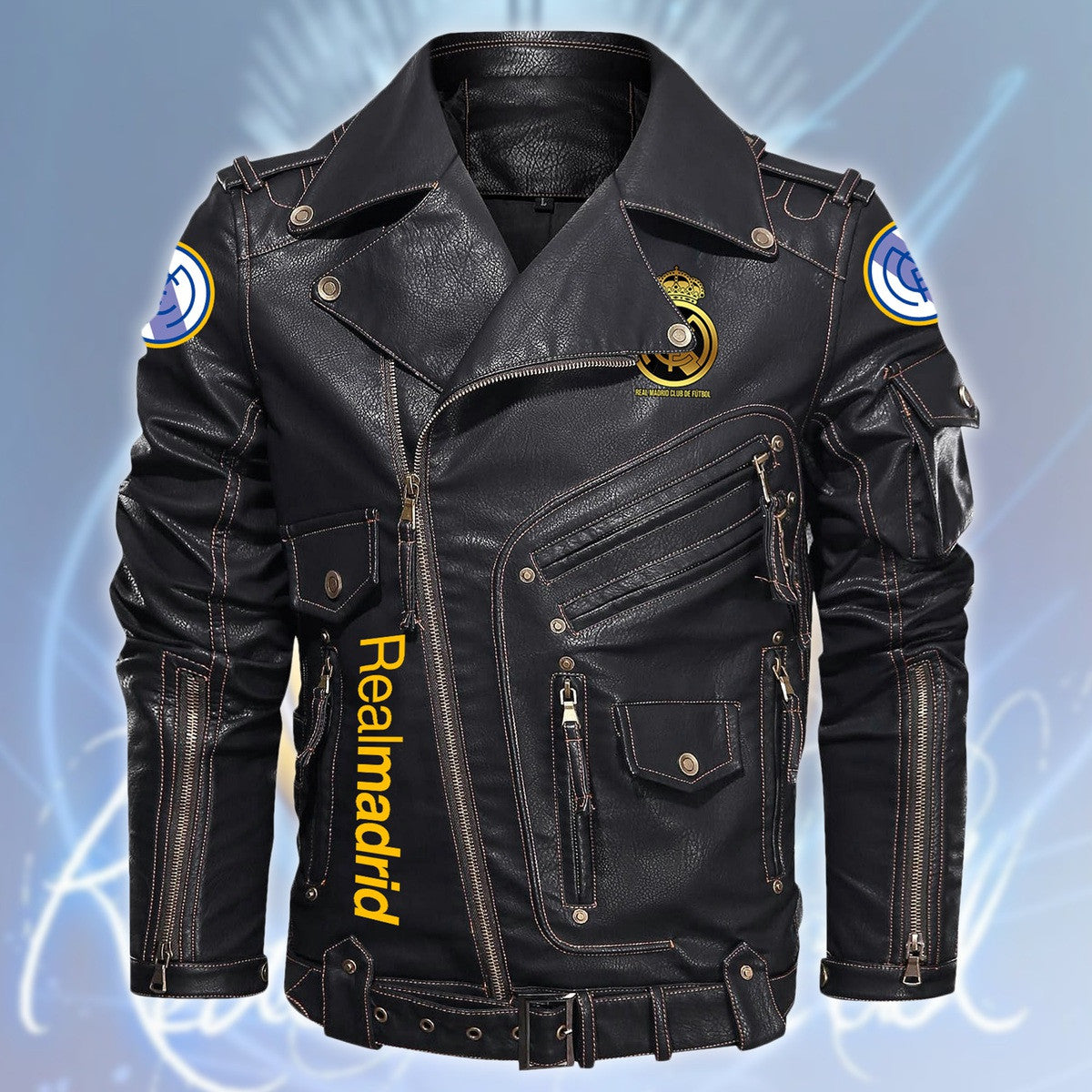 Real Madrid Belt Solid Zipper Street Leather Jacket Q040901