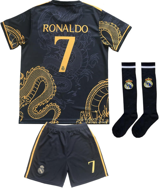 Real Madrid Ronaldo Black Dragon Soccer Jersey Kit & Shorts with Socks Set for Boys and Girls Vintage Youth Sizes
