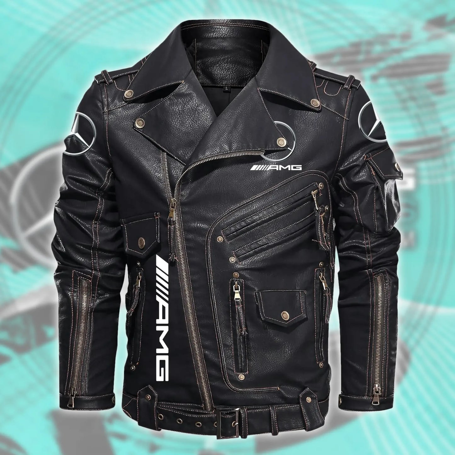 Merc AMG Belt Solid Zipper Street Leather Jacket