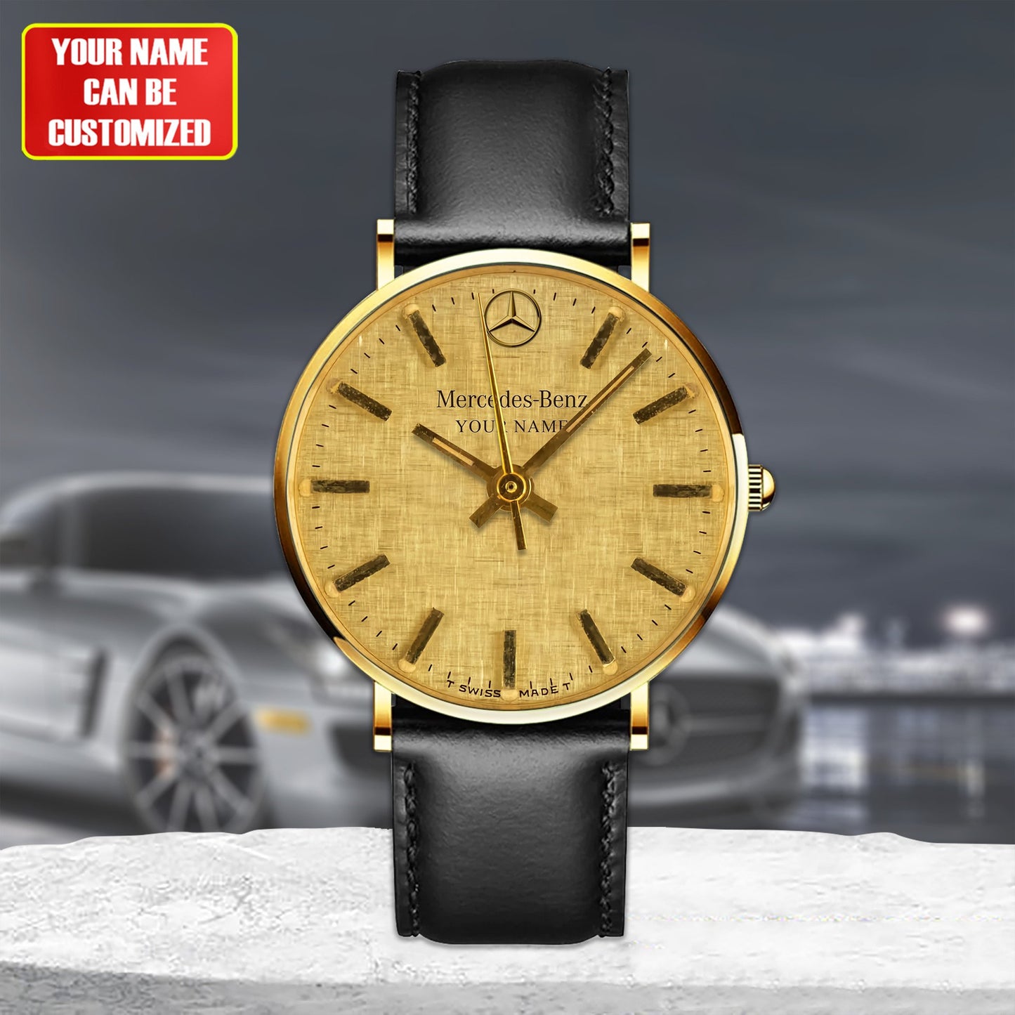 Personalized Mercedes The Gold Quartz Leather Watch