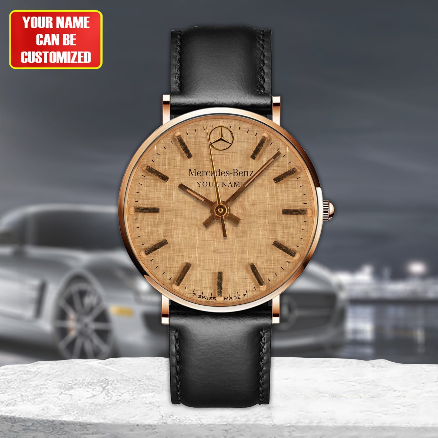 Personalized Mercedes The Gold Quartz Leather Watch