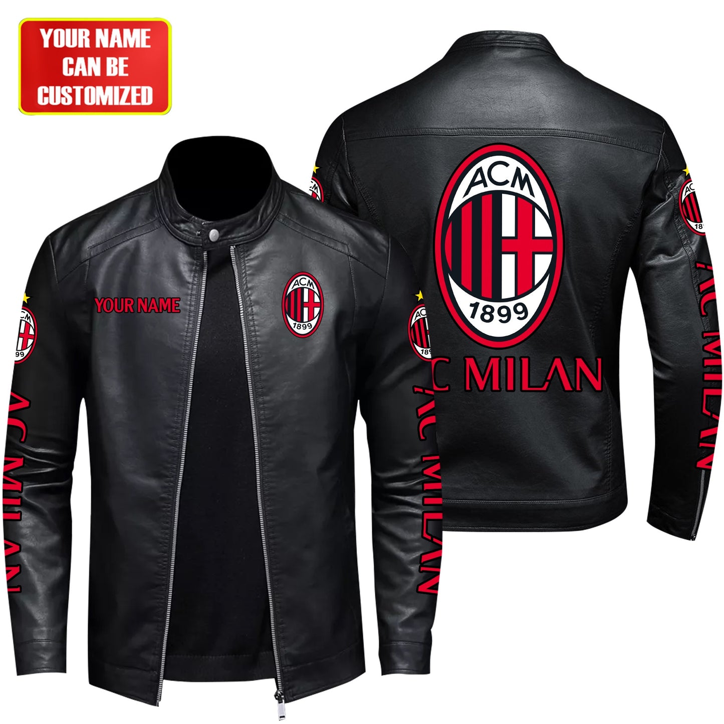 Personalized AC Milan Leather Bomber Stand Collar Jacket