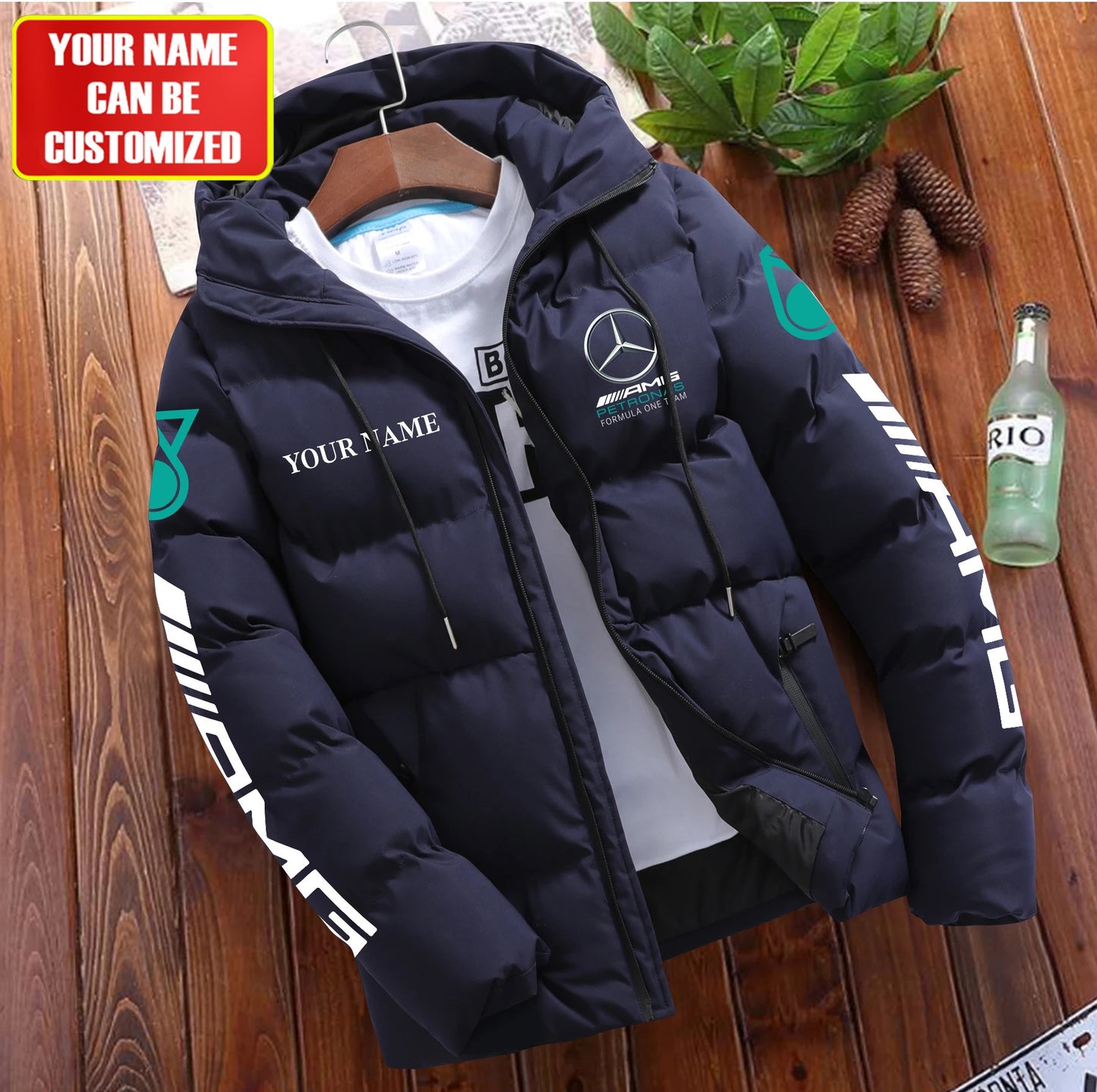 Personalized Merc AMG Petronas Puffer Jacket With Hood