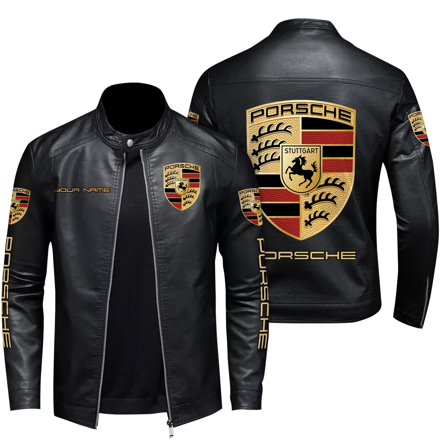 Personalized Pors Leather Bomber Stand Collar Jacket