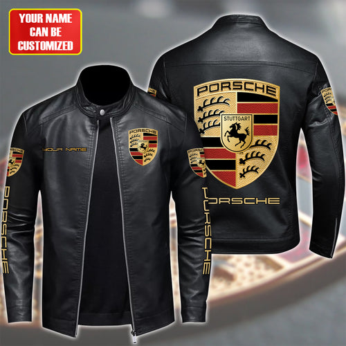 Personalized Pors Leather Bomber Stand Collar Jacket
