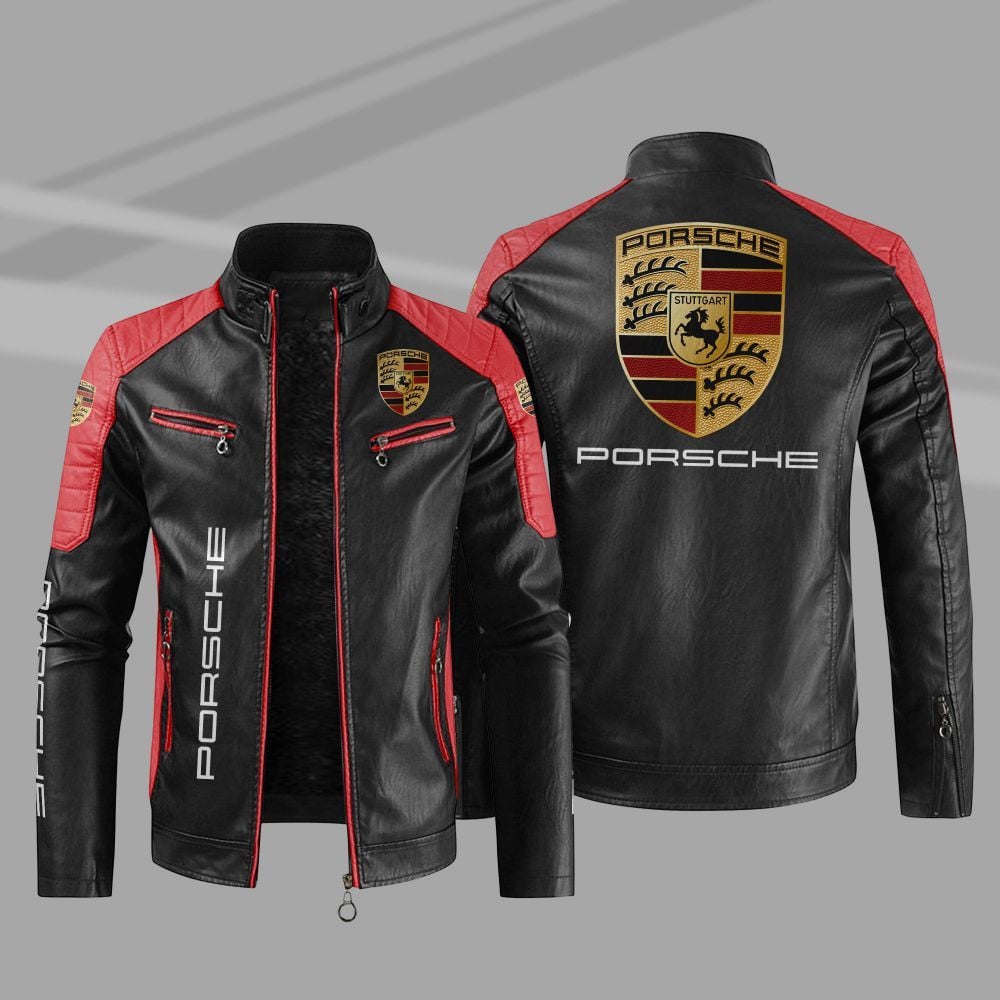Pors Leather Biker Jacket Red Sleeves