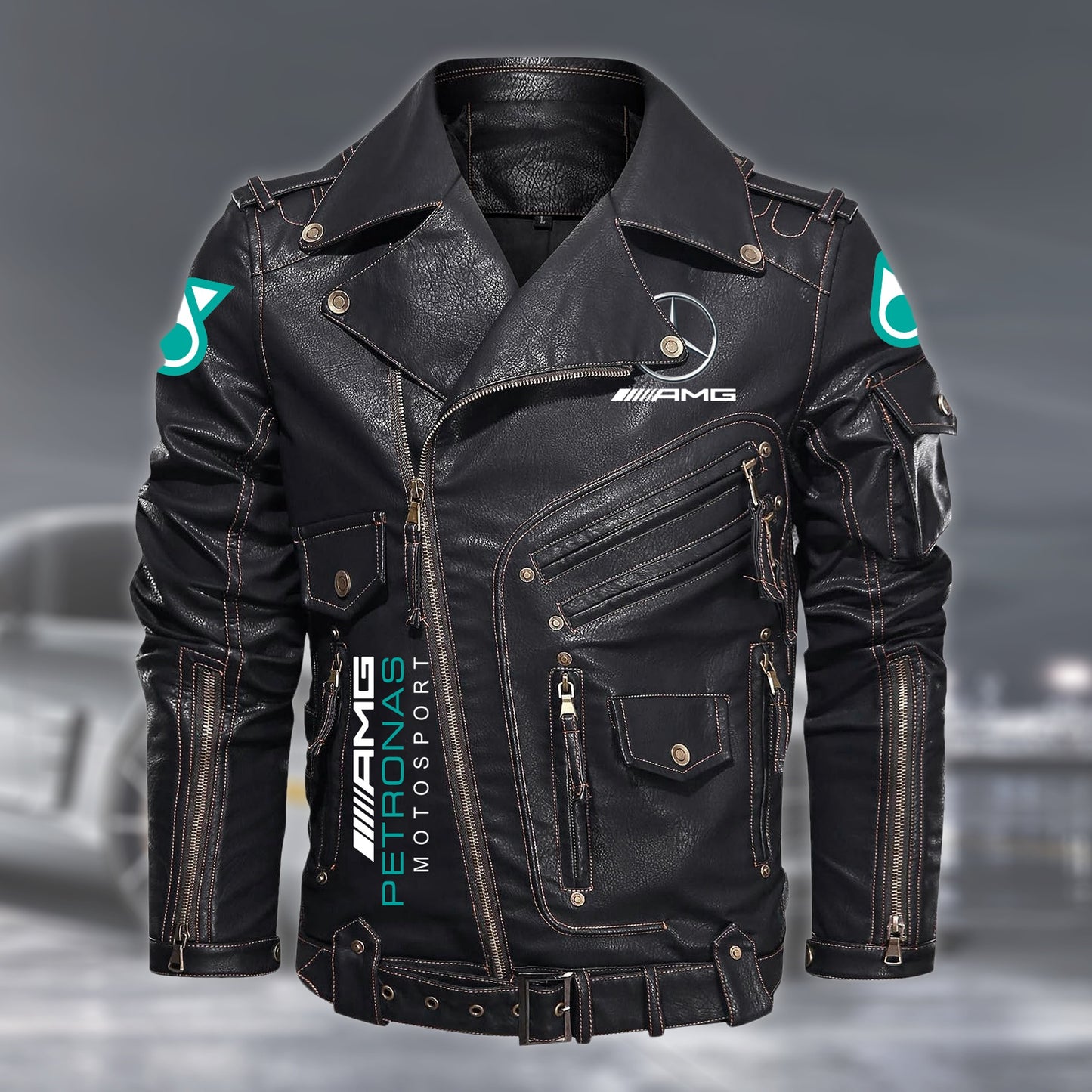Merc AMG Petronas Belt Solid Zipper Street Leather Jacket
