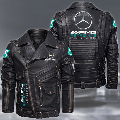Merc AMG Petronas Belt Solid Zipper Street Leather Jacket