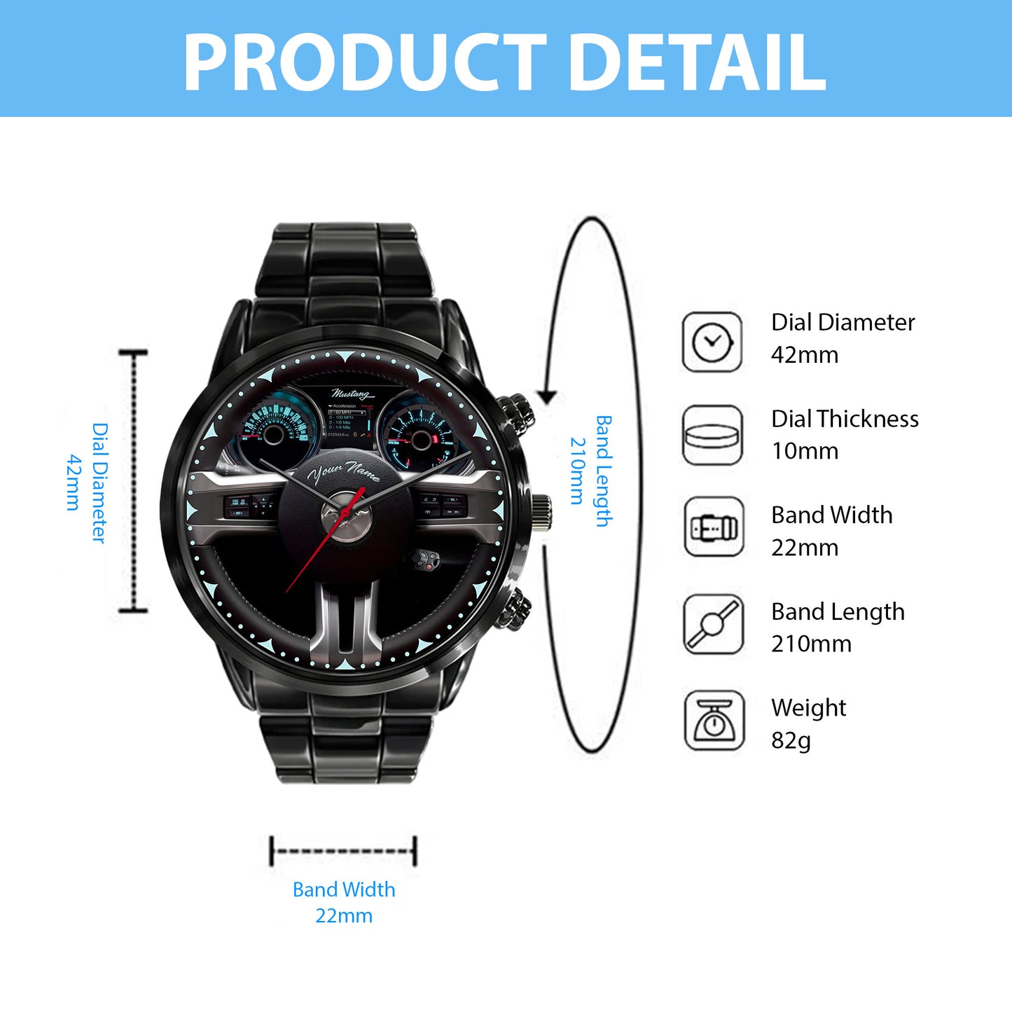 Personalized F Mustang Cockpit Luxury Stainless Steel Watch