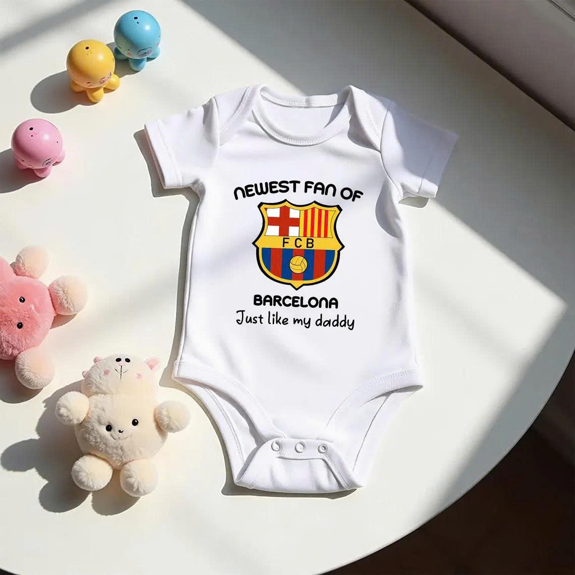 Customized Newest Fan of Barca Soccer Jersey , Baby Rib Bodysuit Sizes