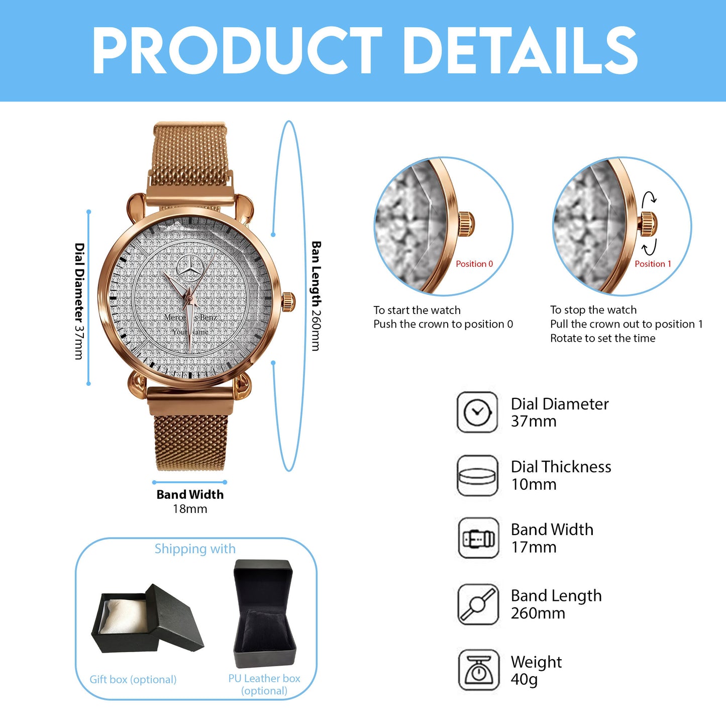 Personalized Merc sapphire Women Hand Watch