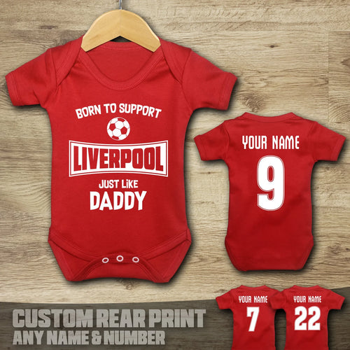 Customized Born To Support Liverpool Soccer Jersey , Baby Rib Bodysuit Sizes
