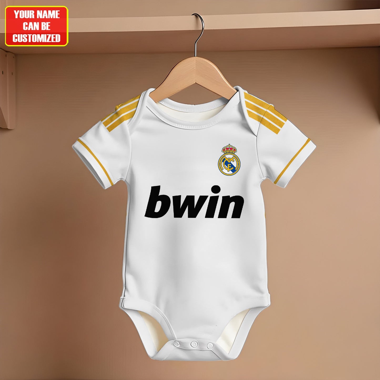 Customized Real Madrid Golden Soccer Jersey , Baby Rib Bodysuit Sizes