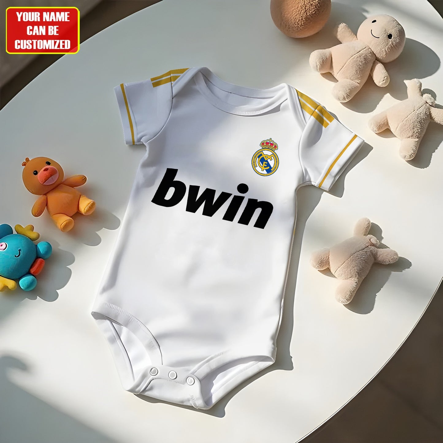 Customized Real Madrid Golden Soccer Jersey , Baby Rib Bodysuit Sizes