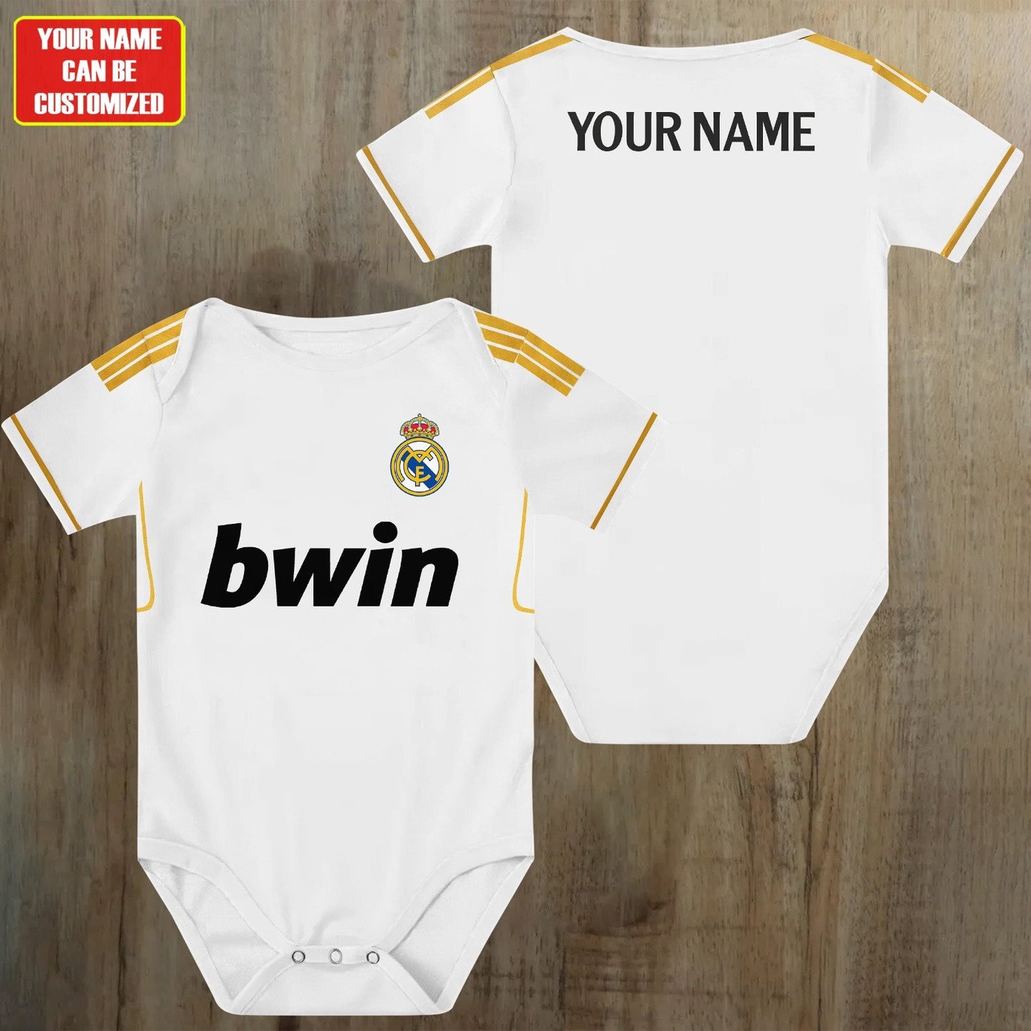 Customized Real Madrid Golden Soccer Jersey , Baby Rib Bodysuit Sizes