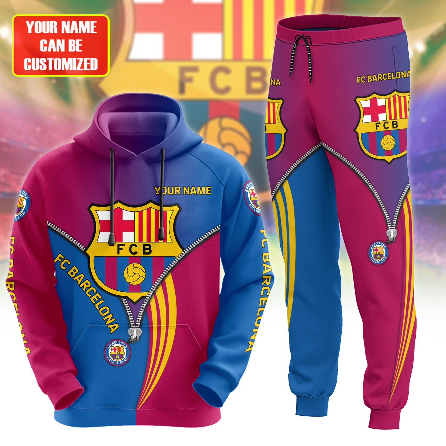 Personalized Barça Zip 3D All over Printed Hoodie and Sweatpants set