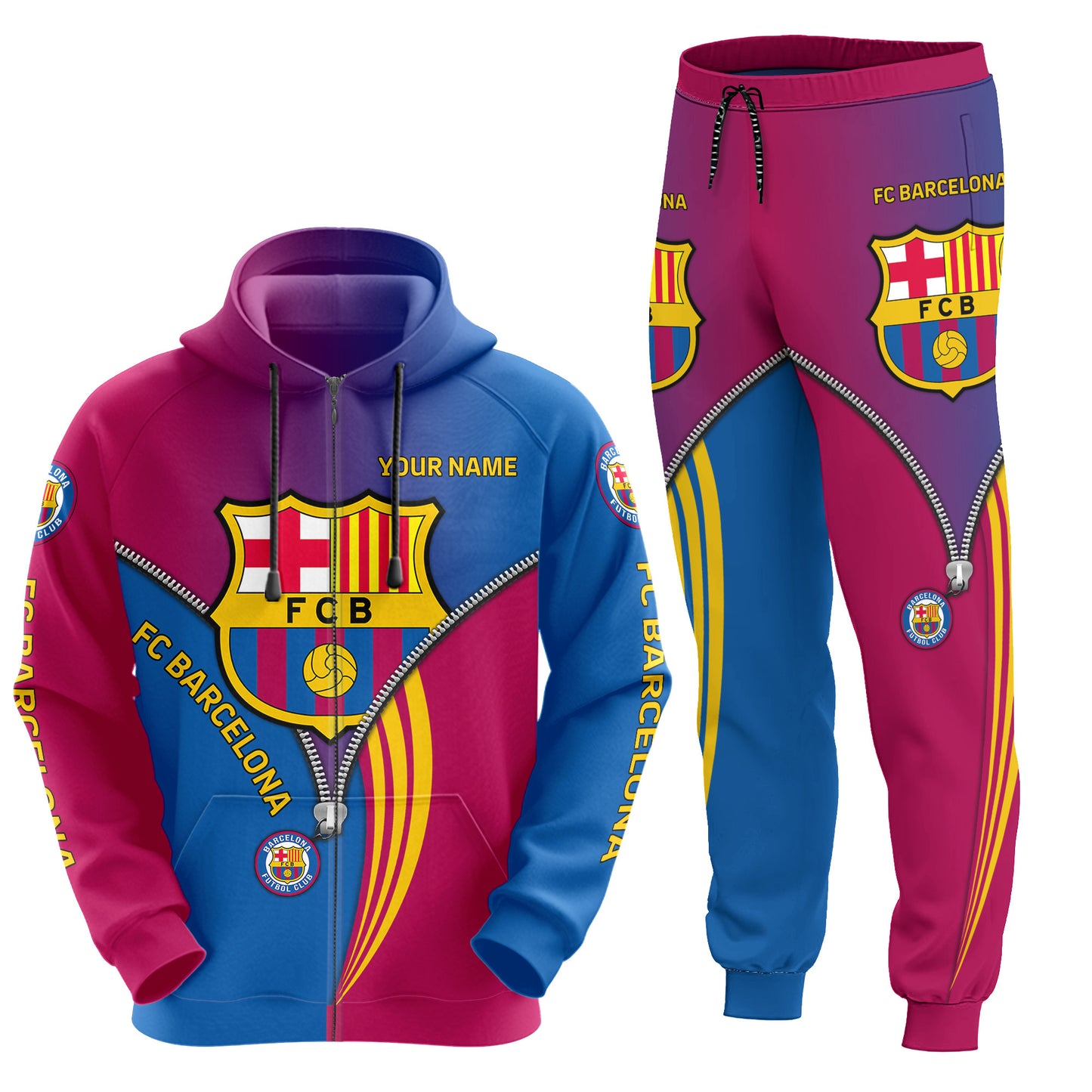 Personalized Barça Zip 3D All over Printed Hoodie and Sweatpants set