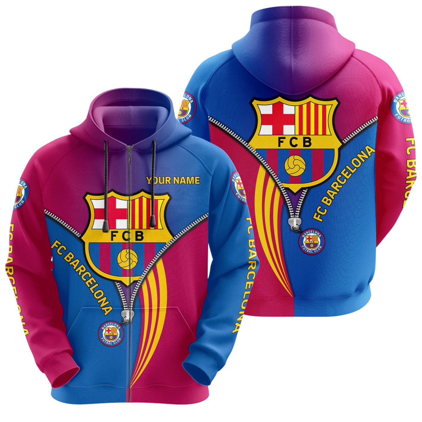 Personalized Barça Zip 3D All over Printed Hoodie and Sweatpants set