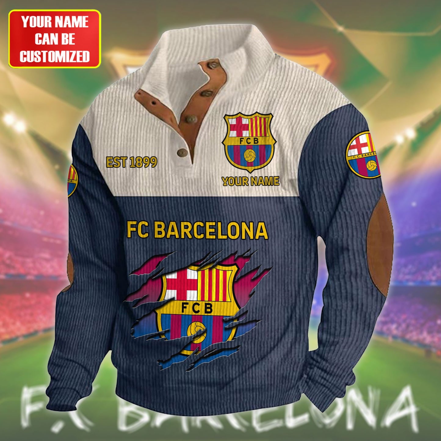 Personalized Barca Pullover with Elbow Patches Sweatshirt