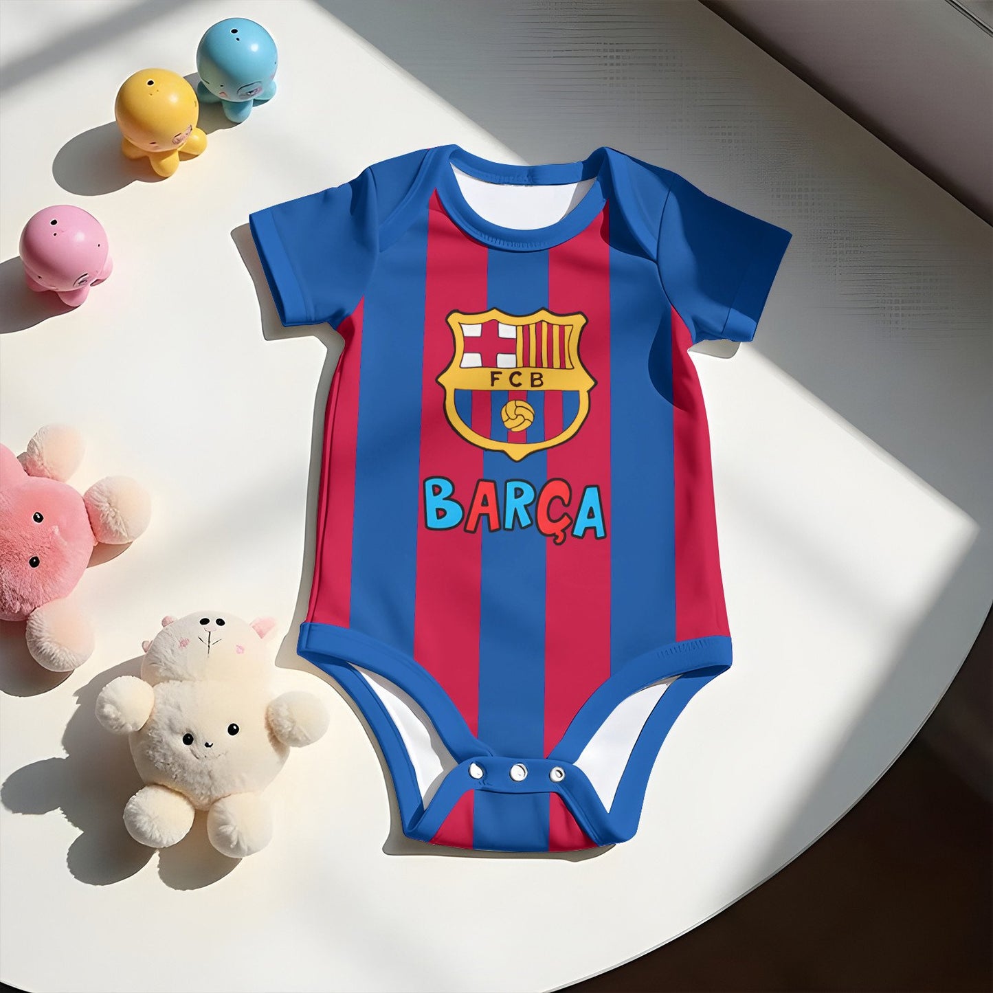Customized Barca Cute Soccer Jersey , Baby Rib Bodysuit Sizes