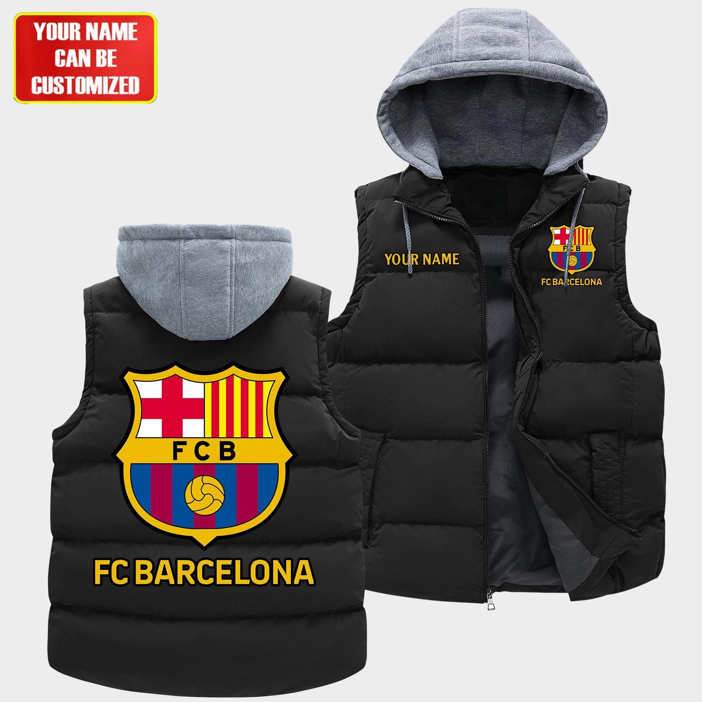 Personalized Barca Sleeveless Windproof Puffer Jacket With Hood