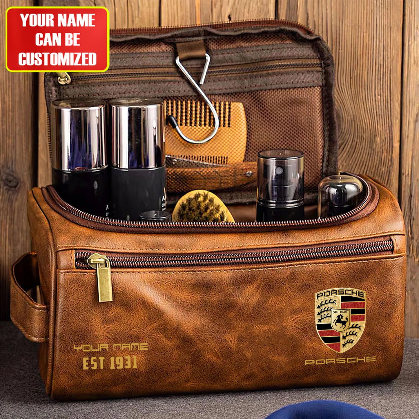 Personalized Pors Vintage Leather Toiletry Bag