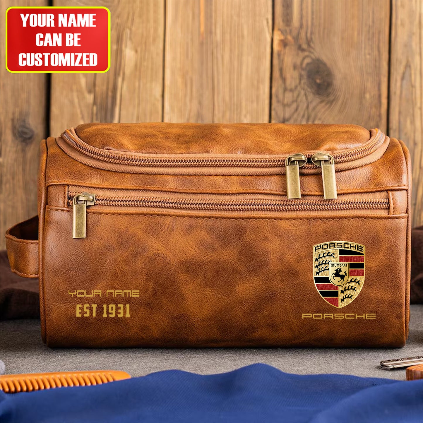 Personalized Pors Vintage Leather Toiletry Bag