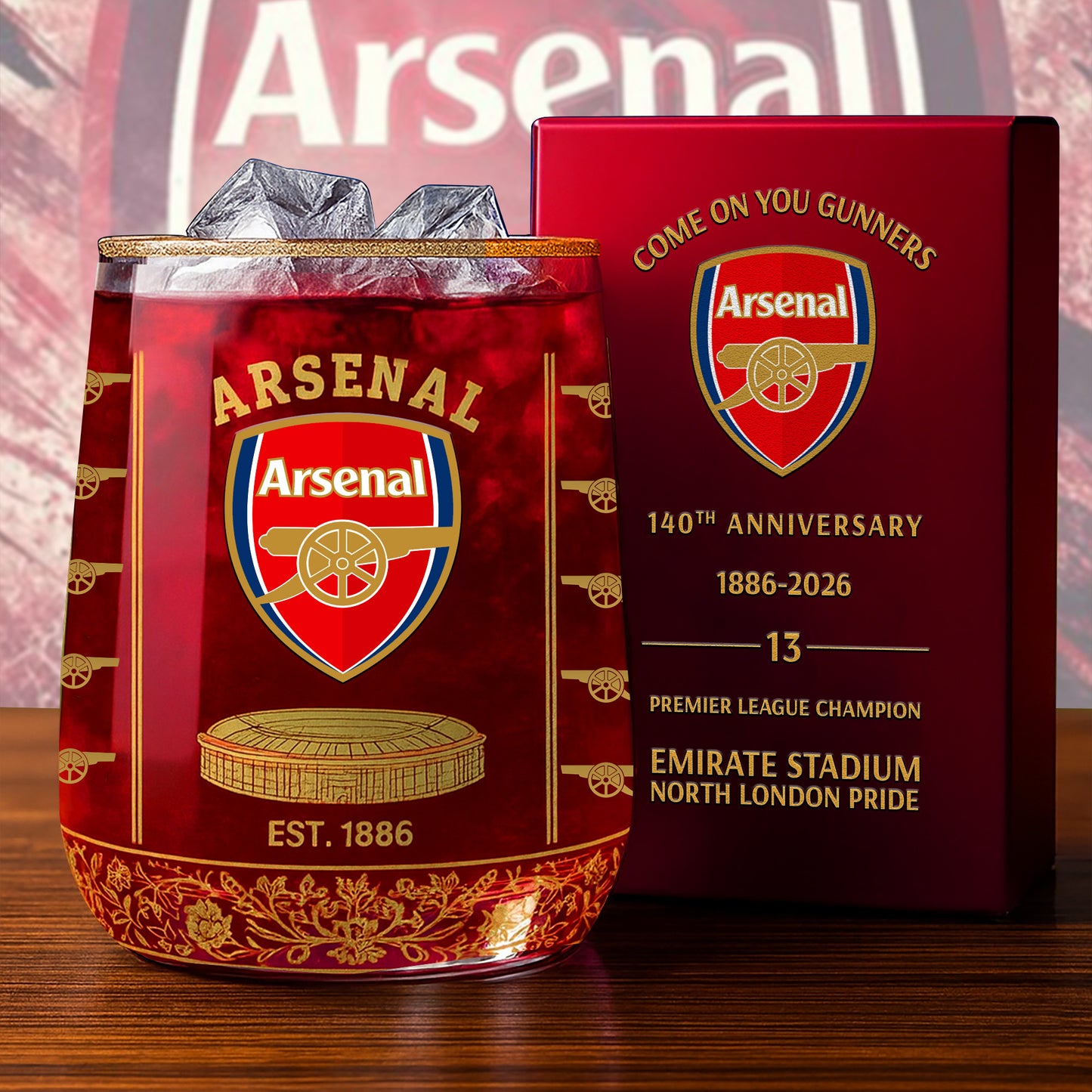 Personalized Arsenal 140 Years Anniversary Whisky , Arsenal Whiskey Glass V3