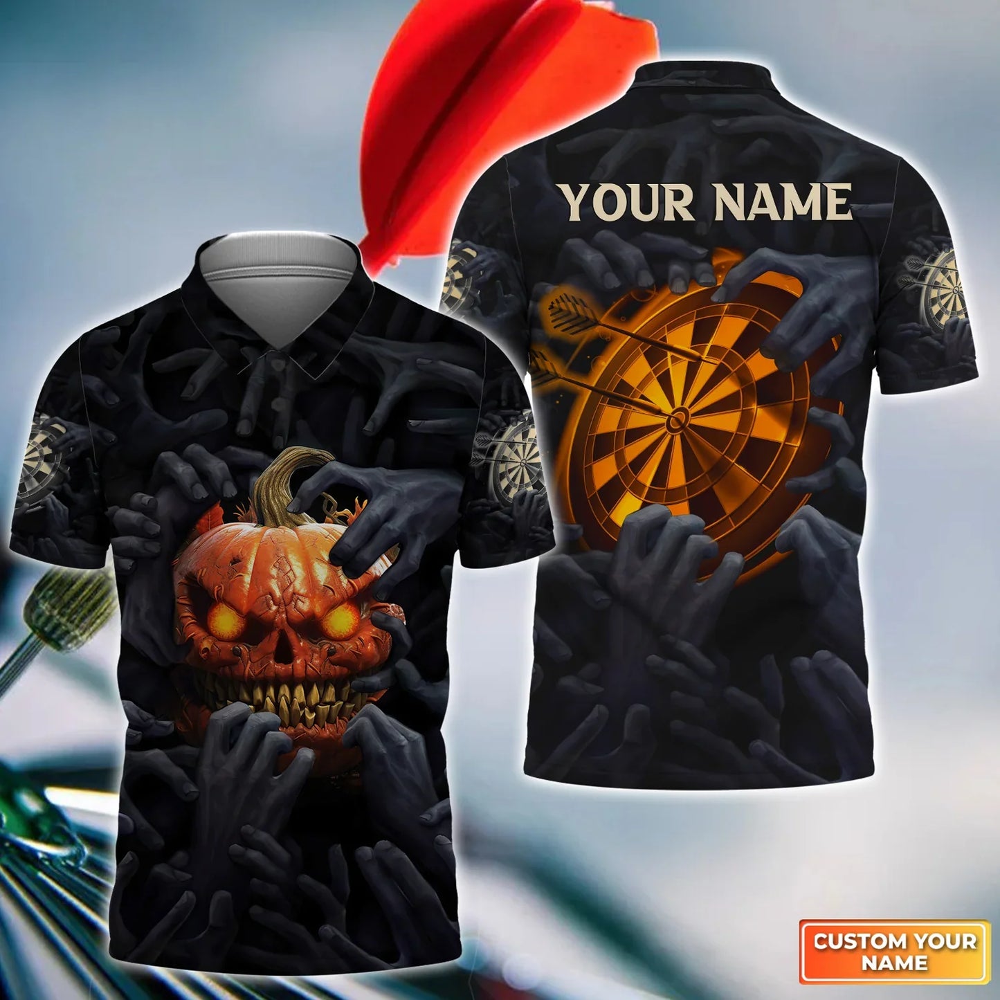 Bullseye Dartboard Personalized Name 3D Pumpkin And Darts Polo Shirt For Dart Team Player