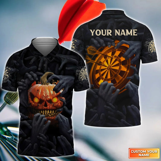 Bullseye Dartboard Personalized Name 3D Pumpkin And Darts Polo Shirt For Dart Team Player