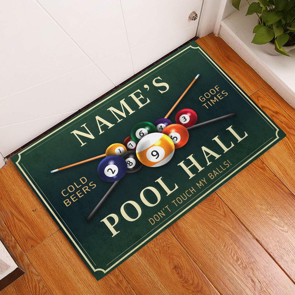 Personalized Name Pool Hand , Dont touch my balls ! Billiards Doormat